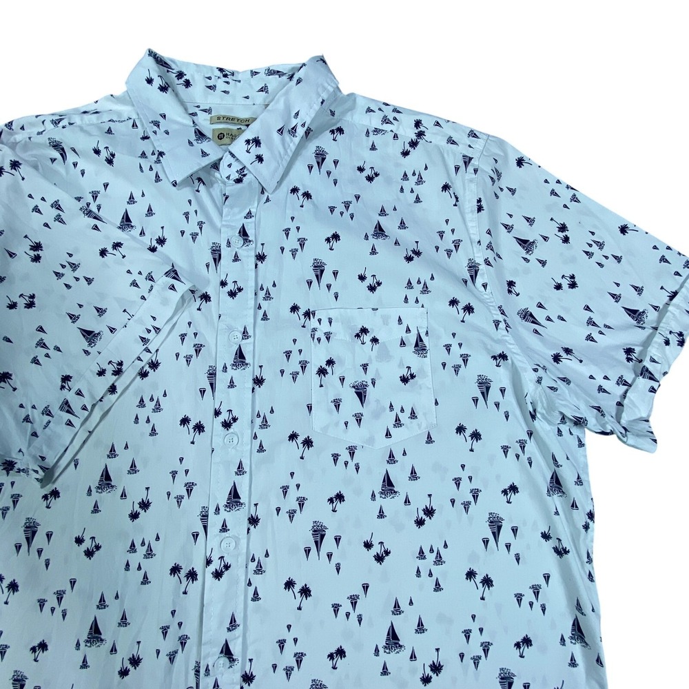 Haggar Button up Shirt Mens 2XL White Nautical Print Short Sleeve Casual Stretch